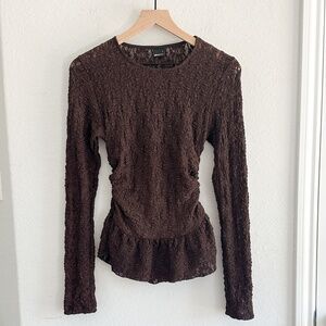Gina Tricot Dark Brown Long-Sleeve Textured Peplum Top S